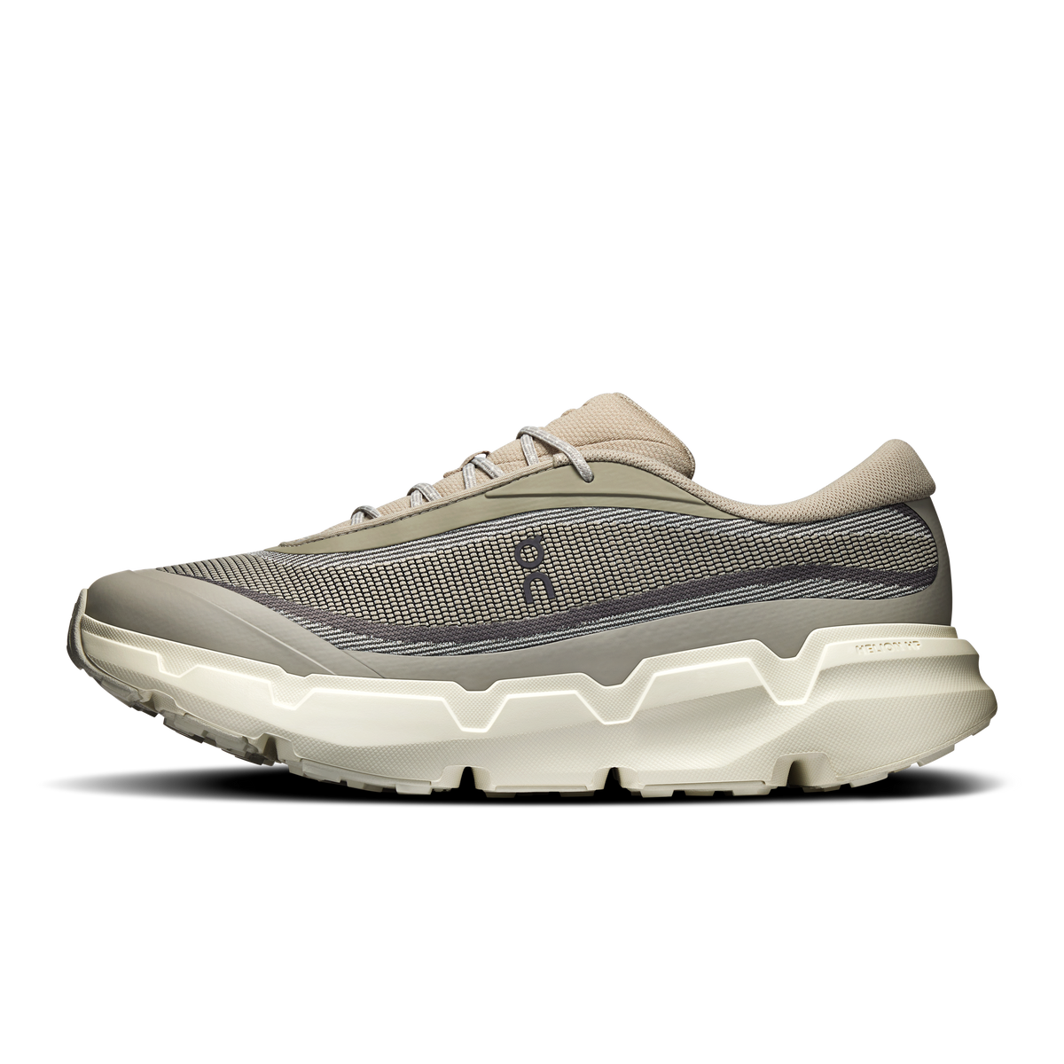 Men's trail shoes, textured mesh upper in beige with darker gray panel, chunky sole