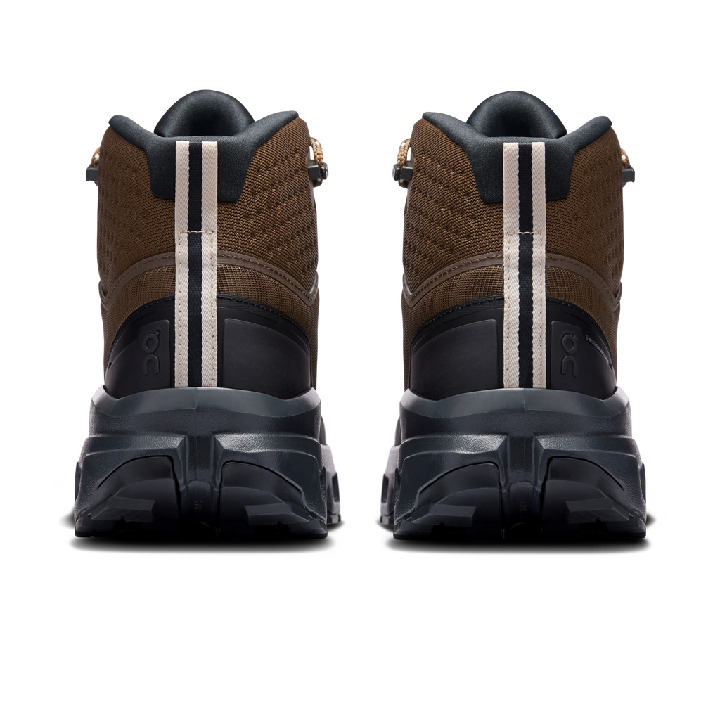 Men's mid waterproof hiking shoes, rear view with white stripe and chunky black outsole