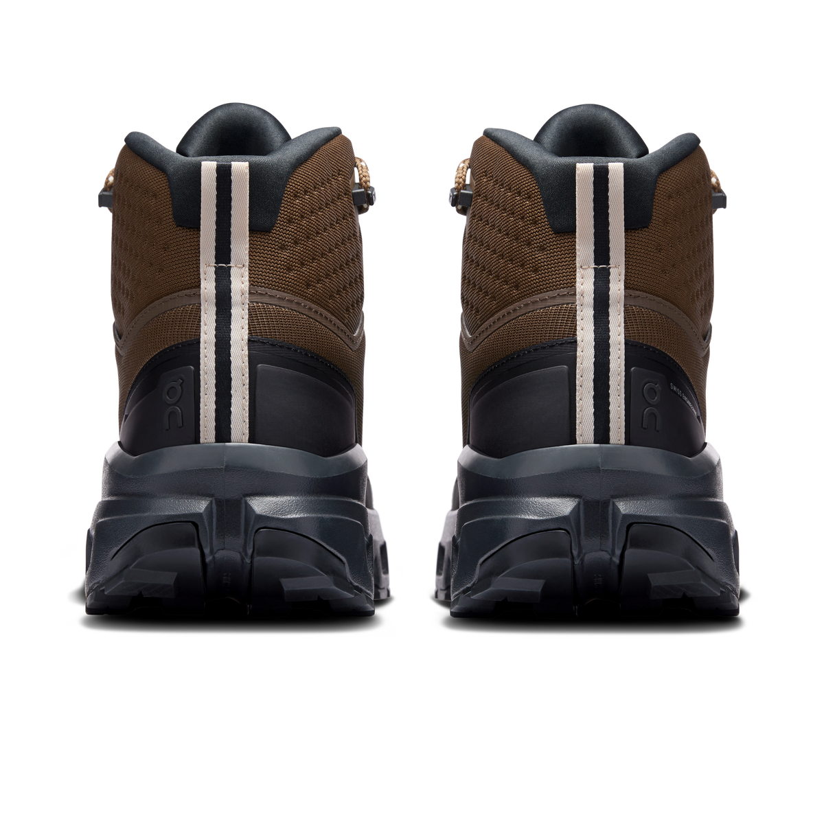 Men's mid waterproof hiking shoes, rear view with white stripe and chunky black outsole