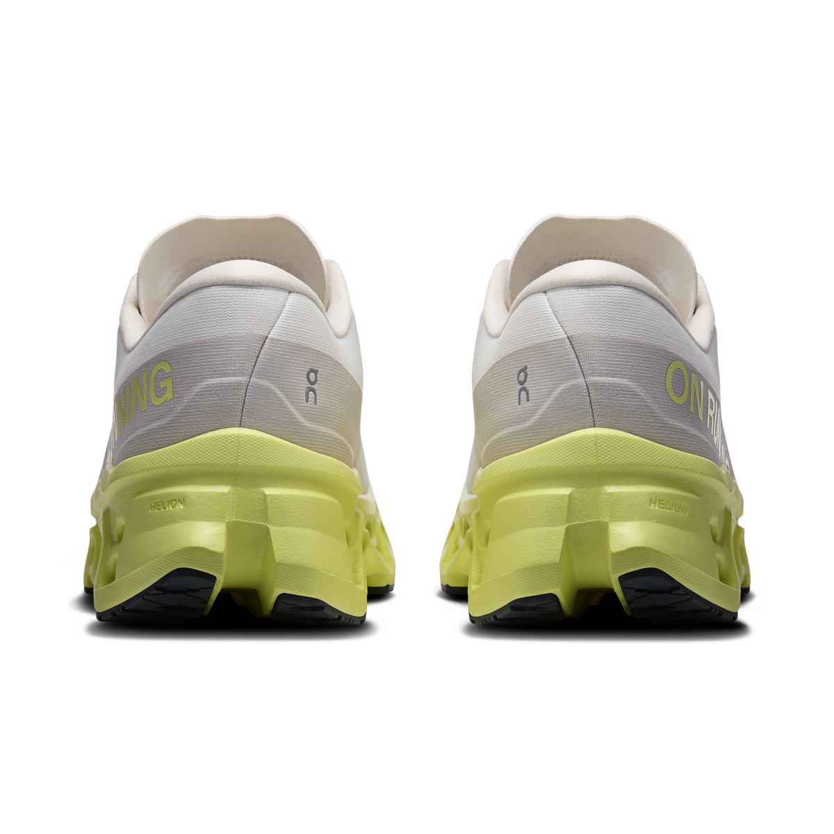Men's ivory running shoes, heel view with neon-lime cushioning and rear pull tab