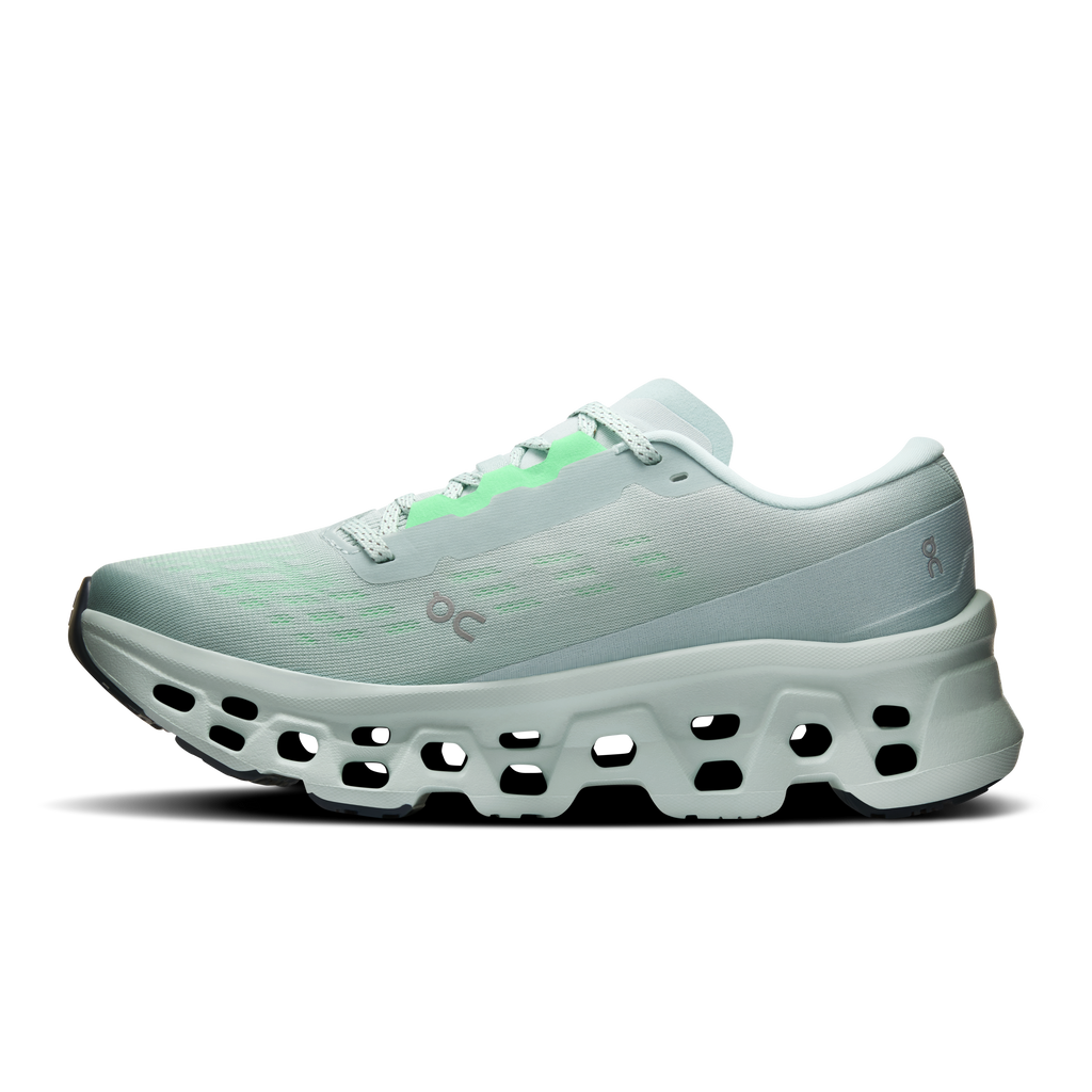 Women's running shoes, side view: light gray knit upper with mint lace tabs