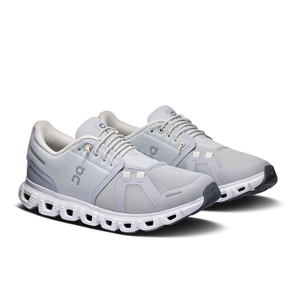 Women's On Cloud 6 running shoes, light gray mesh uppers with white lace-up panels
