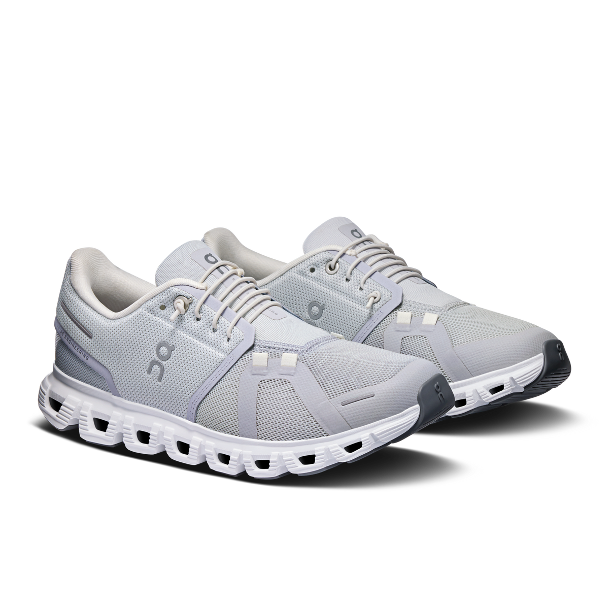 Women's On Cloud 6 running shoes, light gray mesh uppers with white lace-up panels