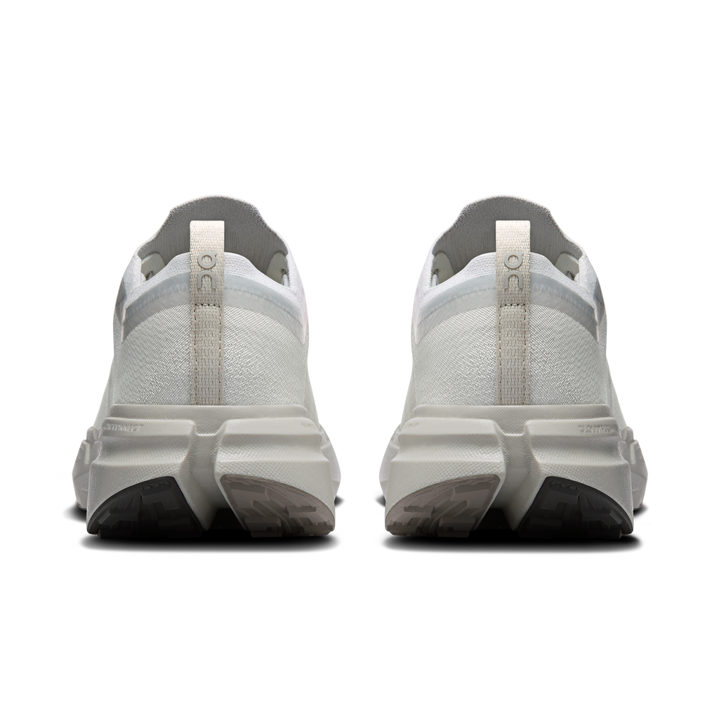Men's running shoes heel view, fabric upper with lace loops and cushioned sole