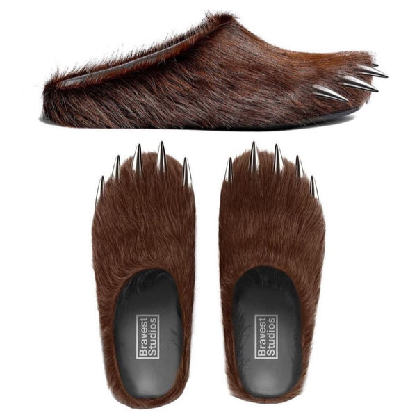 Brown bear claw mules with metal spike soles, faux fur slip-ons