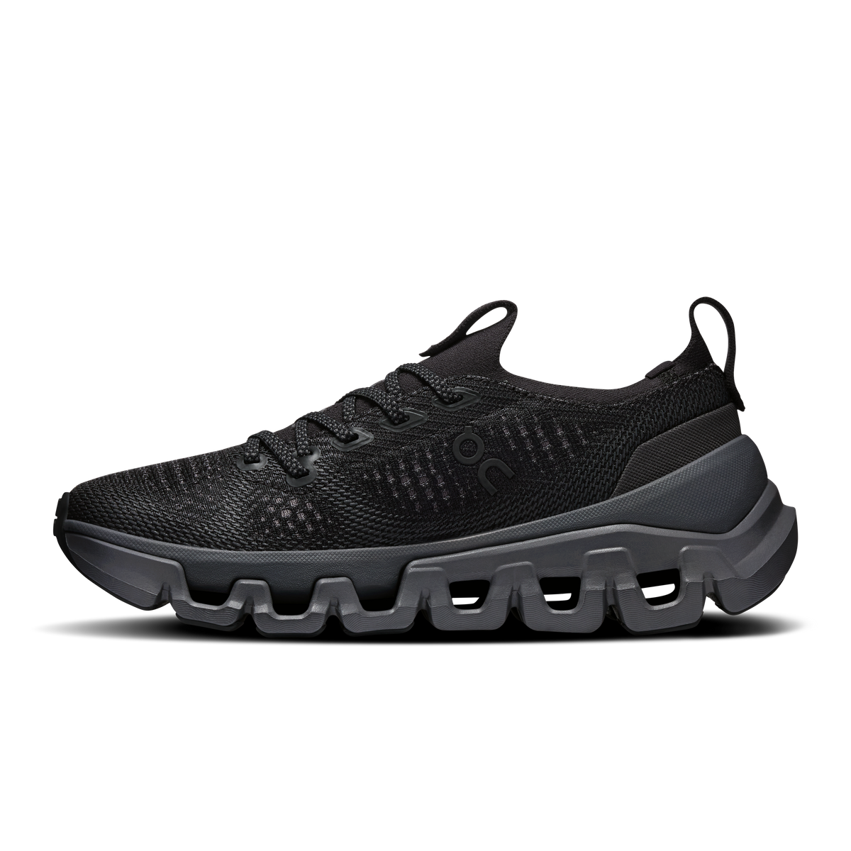 Black knit lace-up running shoe with rounded toe, cushioned midsole, and grippy sole