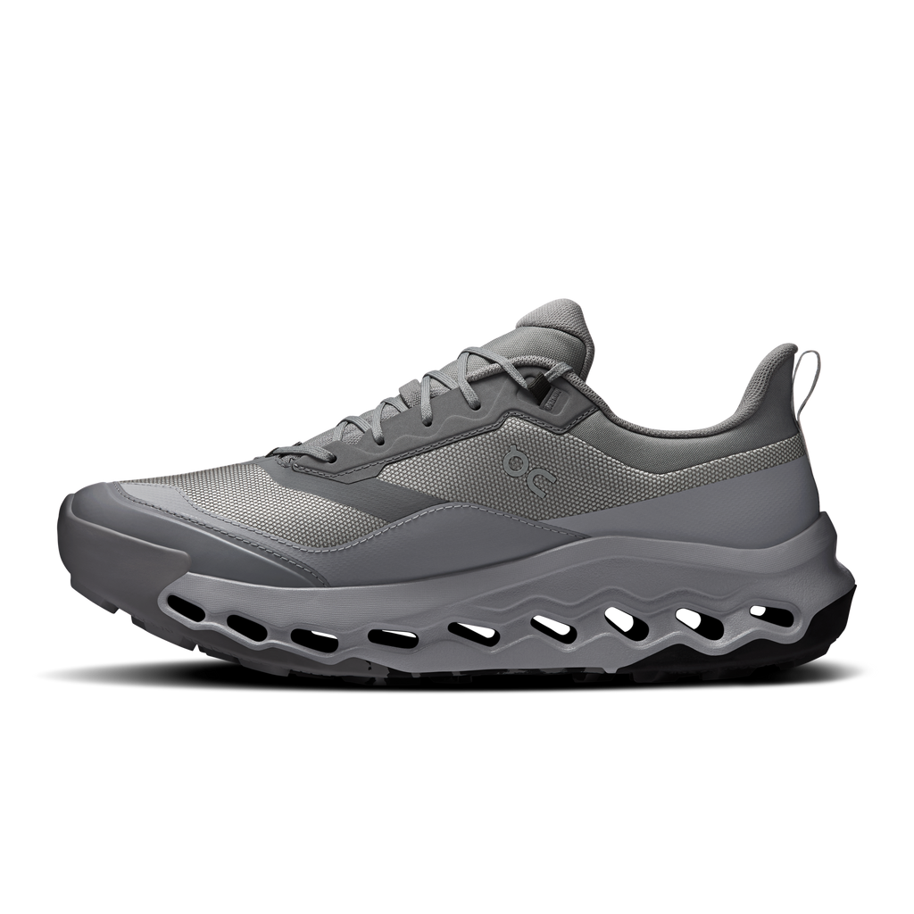 Men's waterproof running shoe, gray lace-up upper, cushioned sole with cutouts