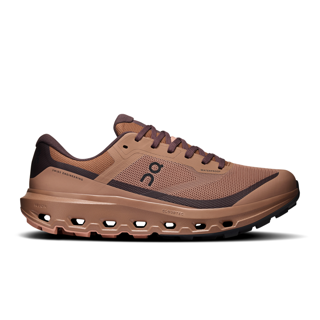 Men's waterproof running shoes in tan mesh with mulberry laces, lace-up style