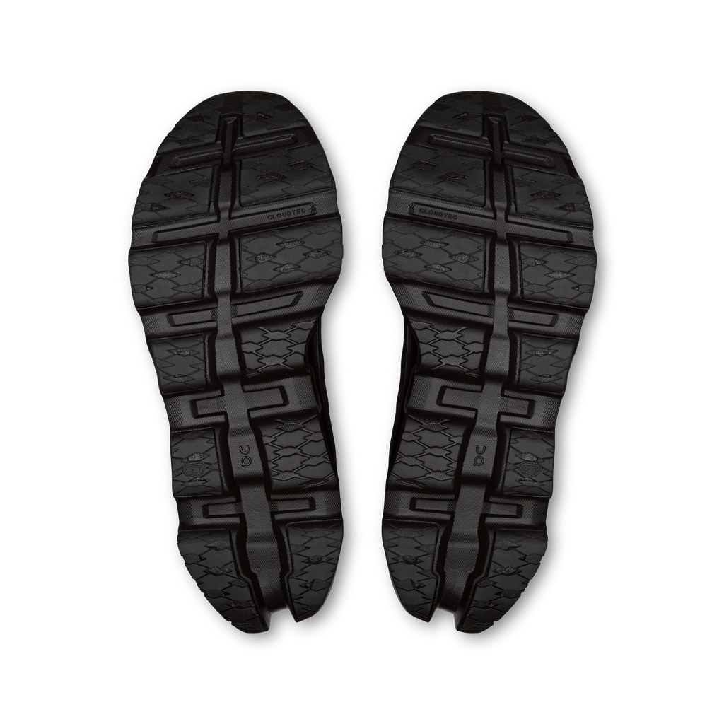 Pair of black outsoles with molded traction pads and center traction lines
