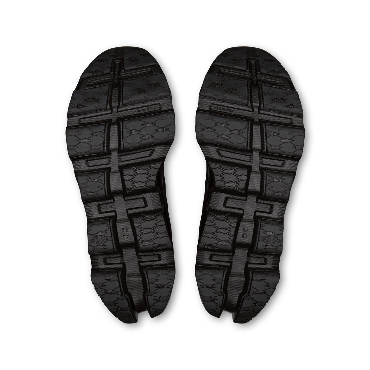 Pair of black outsoles with molded traction pads and center traction lines