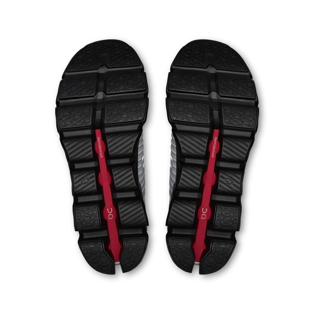 Men's running shoe outsoles, dark tread with red center support