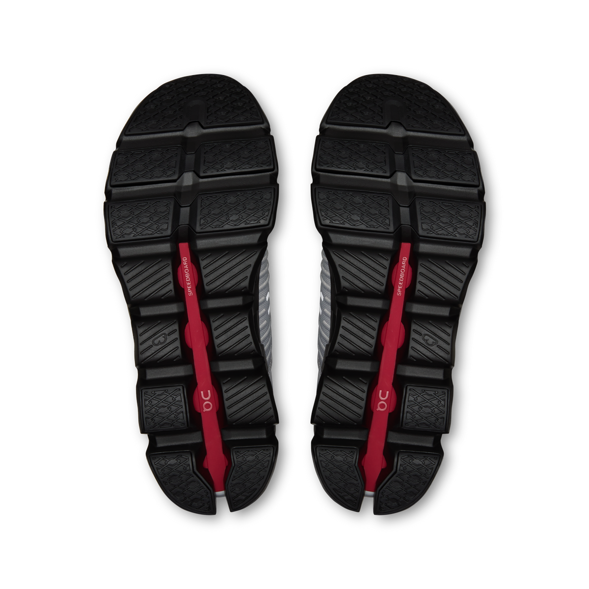 Men's running shoe outsoles, dark tread with red center support