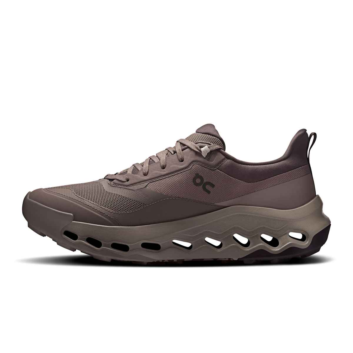 Men's lace-up running shoes, front 3/4 view, taupe mesh upper with chunky CloudTec-style sole.
