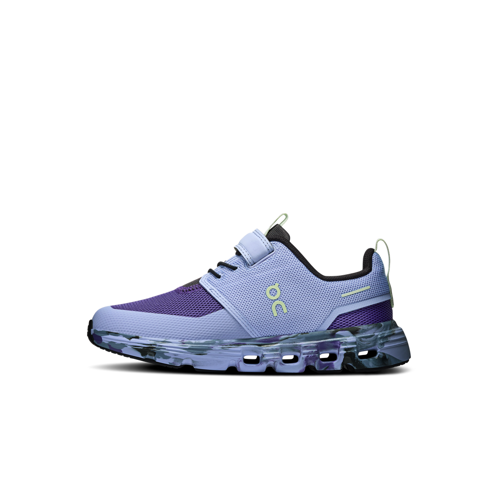 Kids' light blue and purple sneaker with strap and patterned midsole