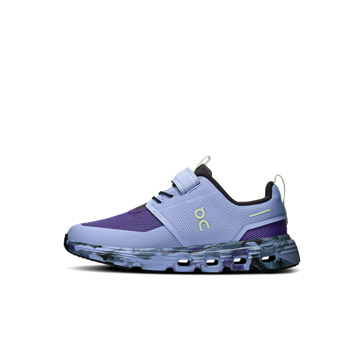 Kids' light blue and purple sneaker with strap and patterned midsole