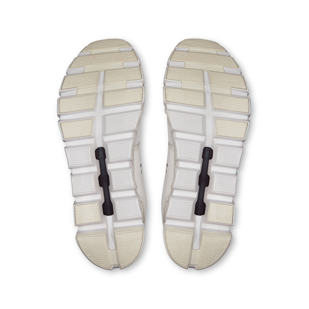 On Cloud 6 wide running shoes, white outsoles view with tread and CloudTec pods