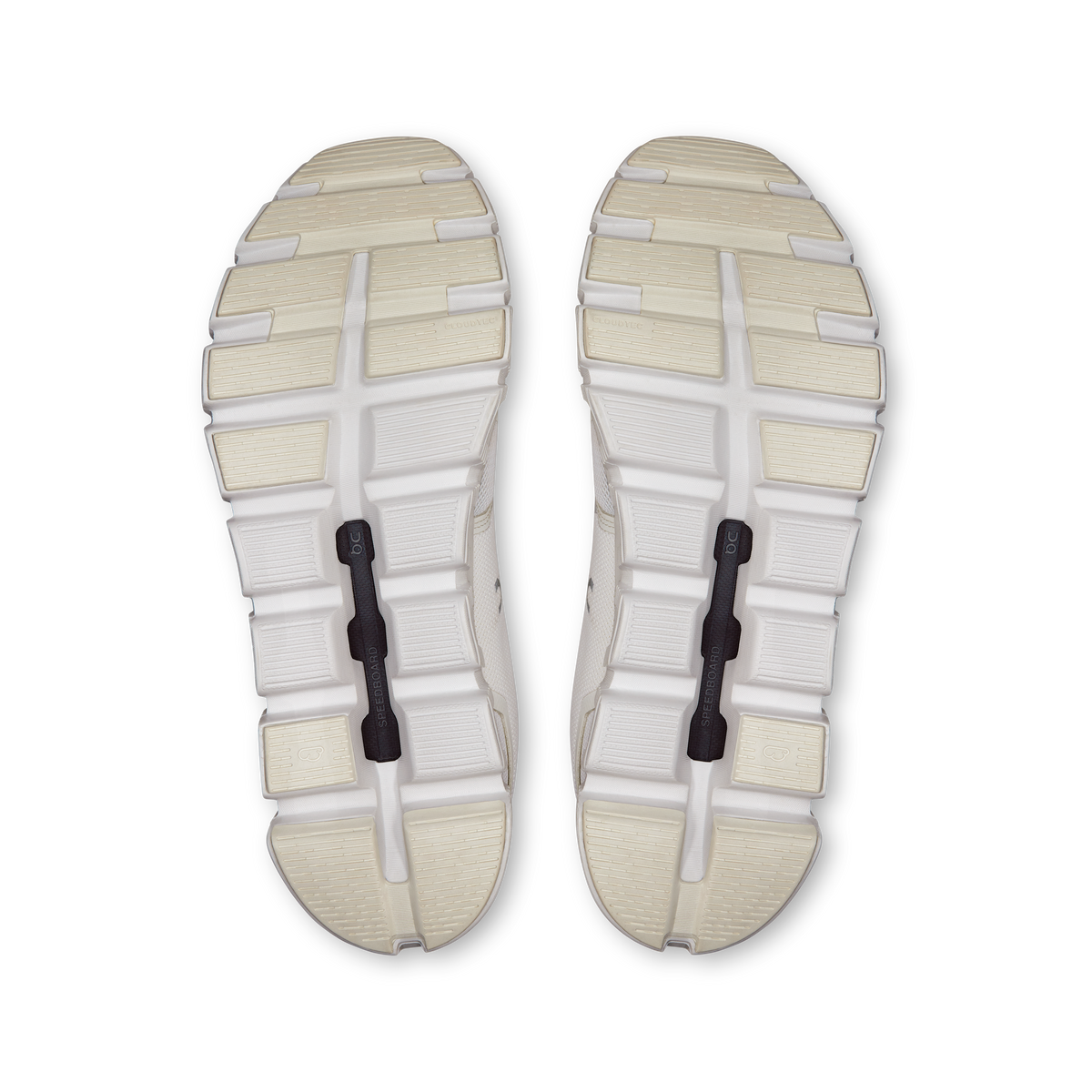 On Cloud 6 wide running shoes, white outsoles view with tread and CloudTec pods