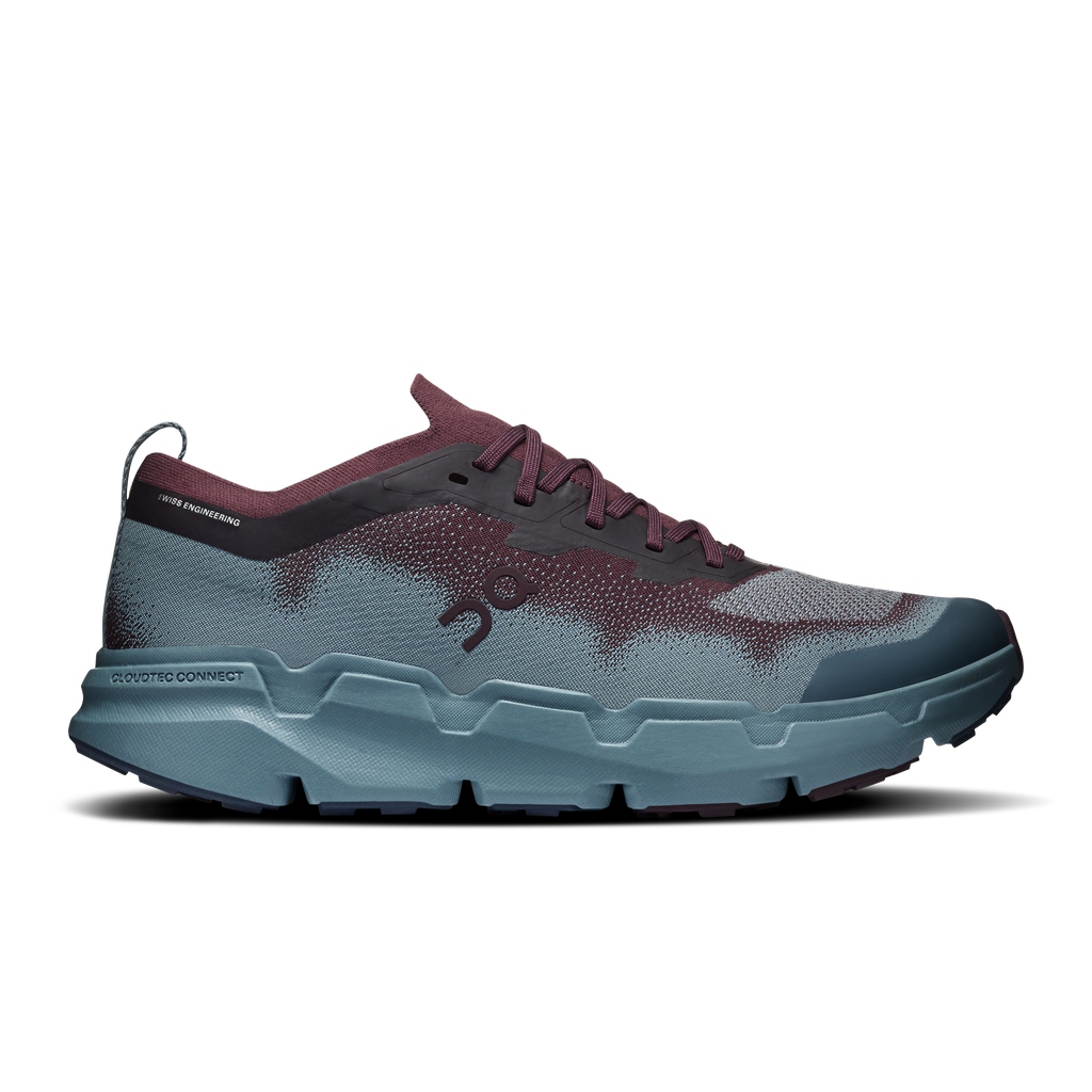 Men's lace-up running shoes with maroon upper, speckled blue knit, and light-blue sole