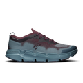 Men's lace-up running shoes with maroon upper, speckled blue knit, and light-blue sole
