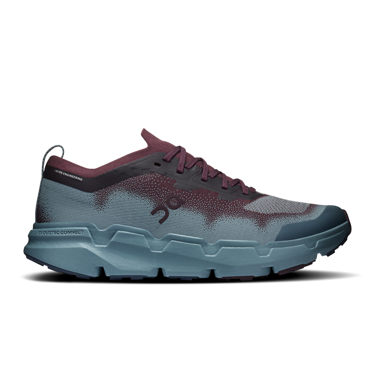 Men's lace-up running shoes with maroon upper, speckled blue knit, and light-blue sole