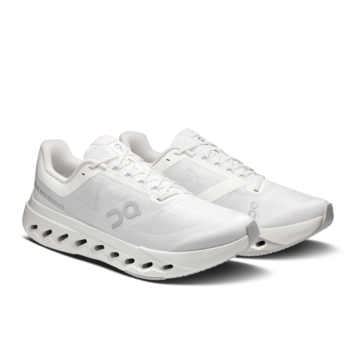 On Cloudsurfer Next men's running shoes, side view in white with lace-up and CloudTec pods