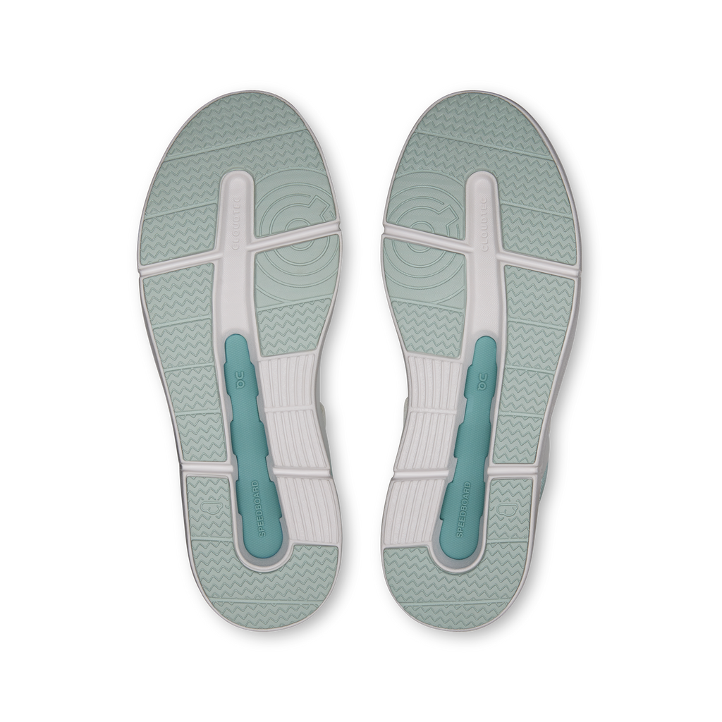 Women's shoe outsoles in light blue with traction grooves