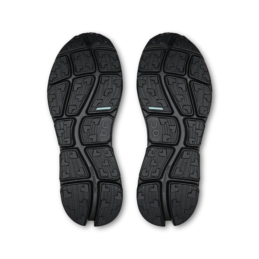 On men's black shoe outsoles with patterned tread and logo details
