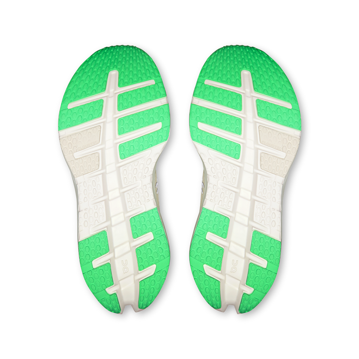 Shoe outsoles pair, textured neon green rubber with white traction bars