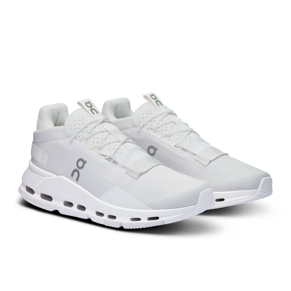 On Cloudnova 2 men's white running shoes, front 3/4 view with lace-up knit upper