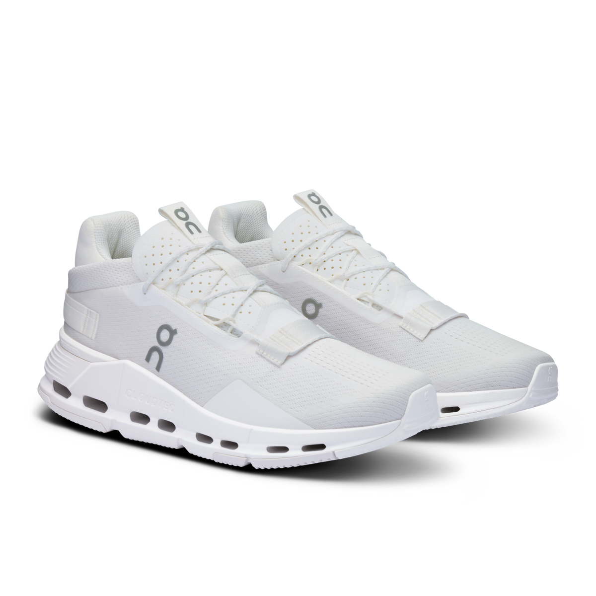 On Cloudnova 2 men's white running shoes, front 3/4 view with lace-up knit upper