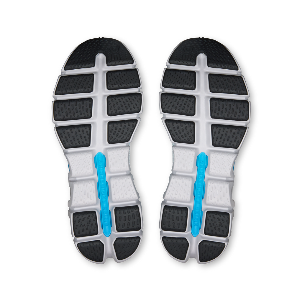 Shoe outsole for On Cloud X Tempo, textured rubber tread with blue center stripe