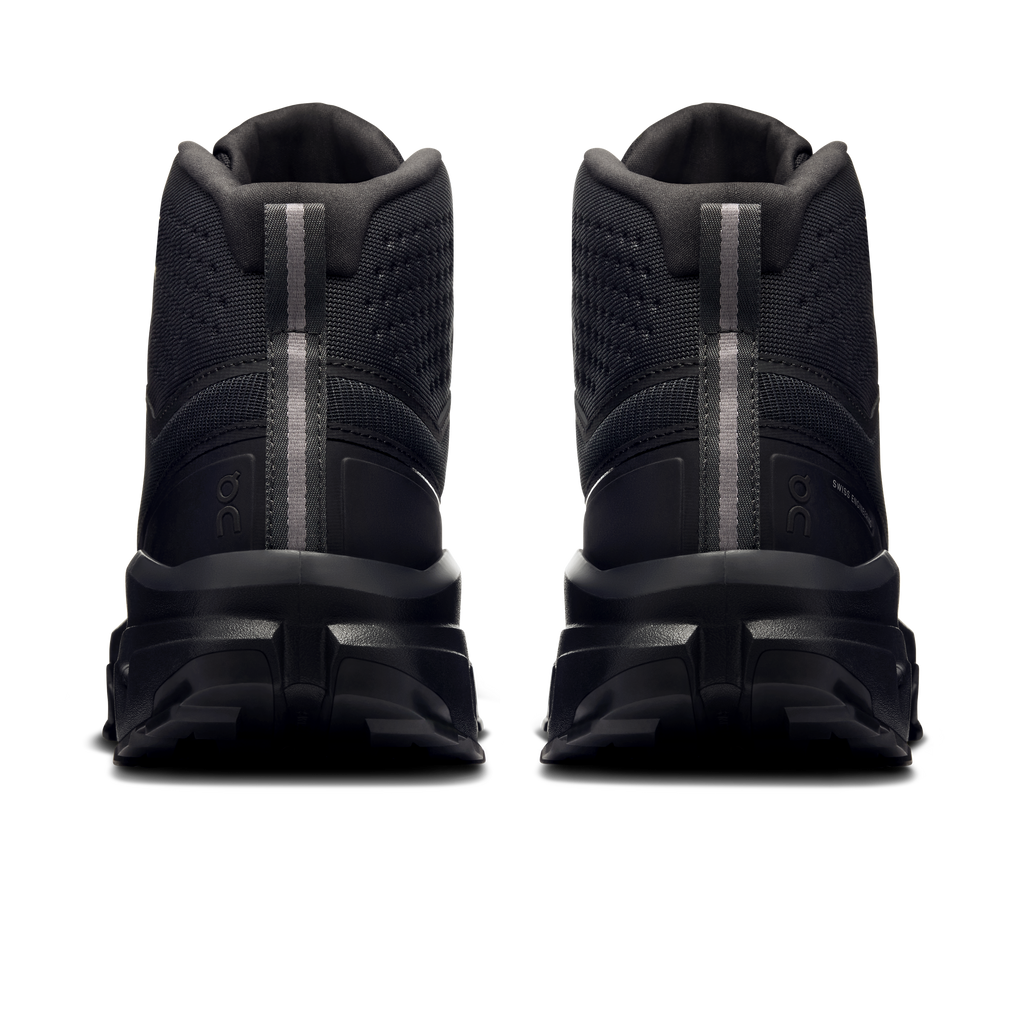 Men's waterproof mid-top shoes in black with heel pull tab and cushioned collar