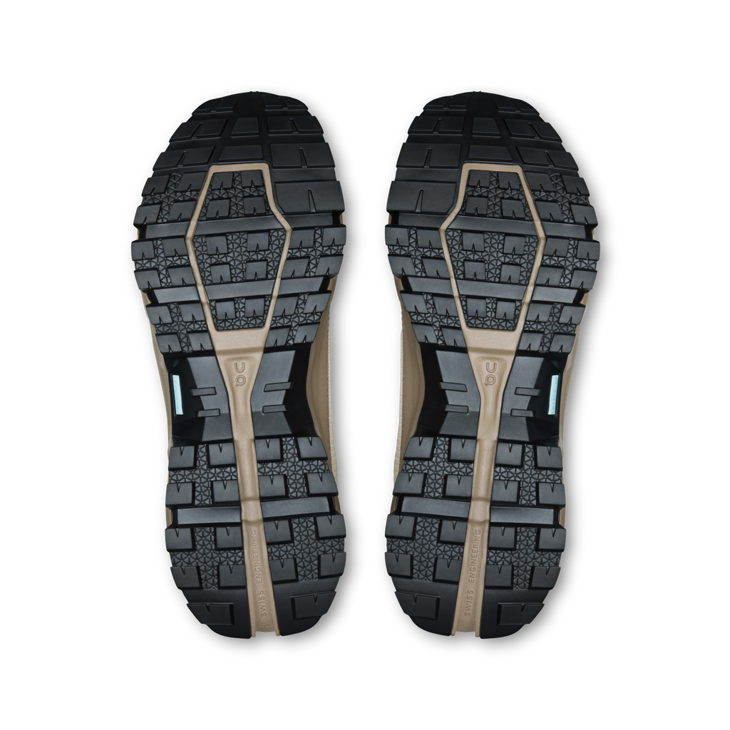 Women's waterproof shoe outsoles, rugged black tread with blue geometric pattern