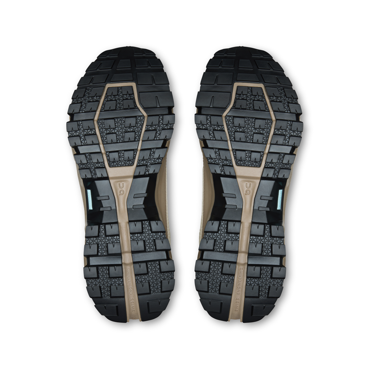 Women's waterproof shoe outsoles, rugged black tread with blue geometric pattern
