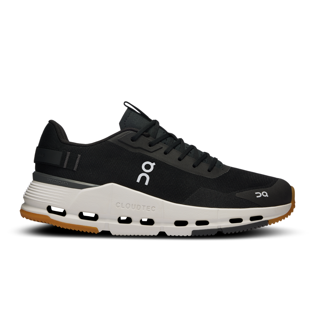 On Cloudnova women's running shoes, black upper with ivory CloudTec cushioning