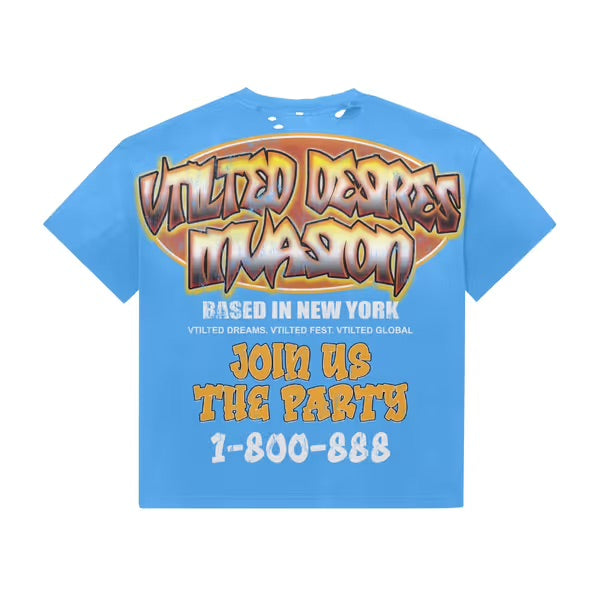 Men's light blue graphic T-shirt with back text 'Join us' and phone number