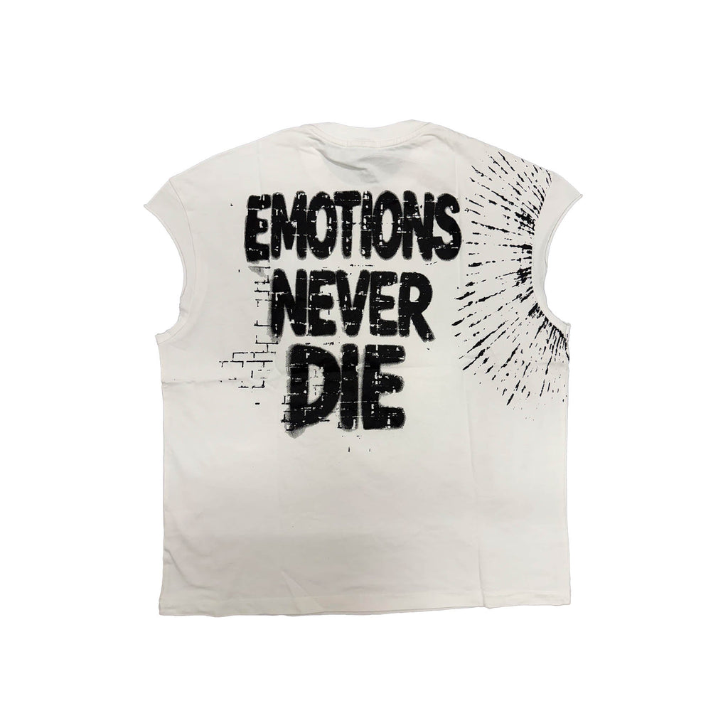 Men's white sleeveless tee with large 'Emotions Never Die' text print
