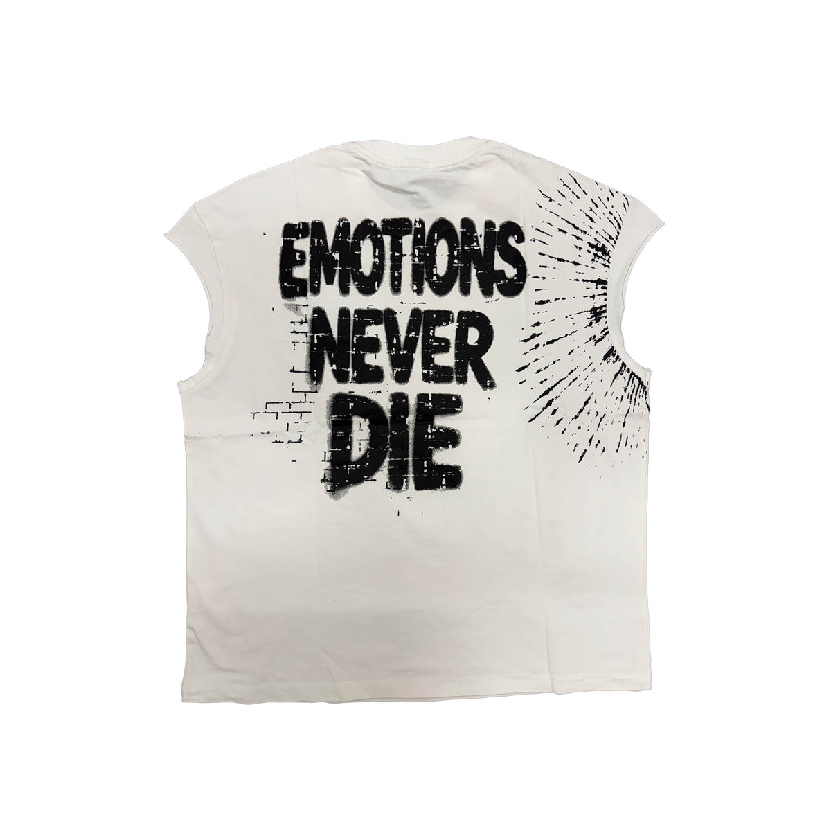 Men's white sleeveless tee with large 'Emotions Never Die' text print