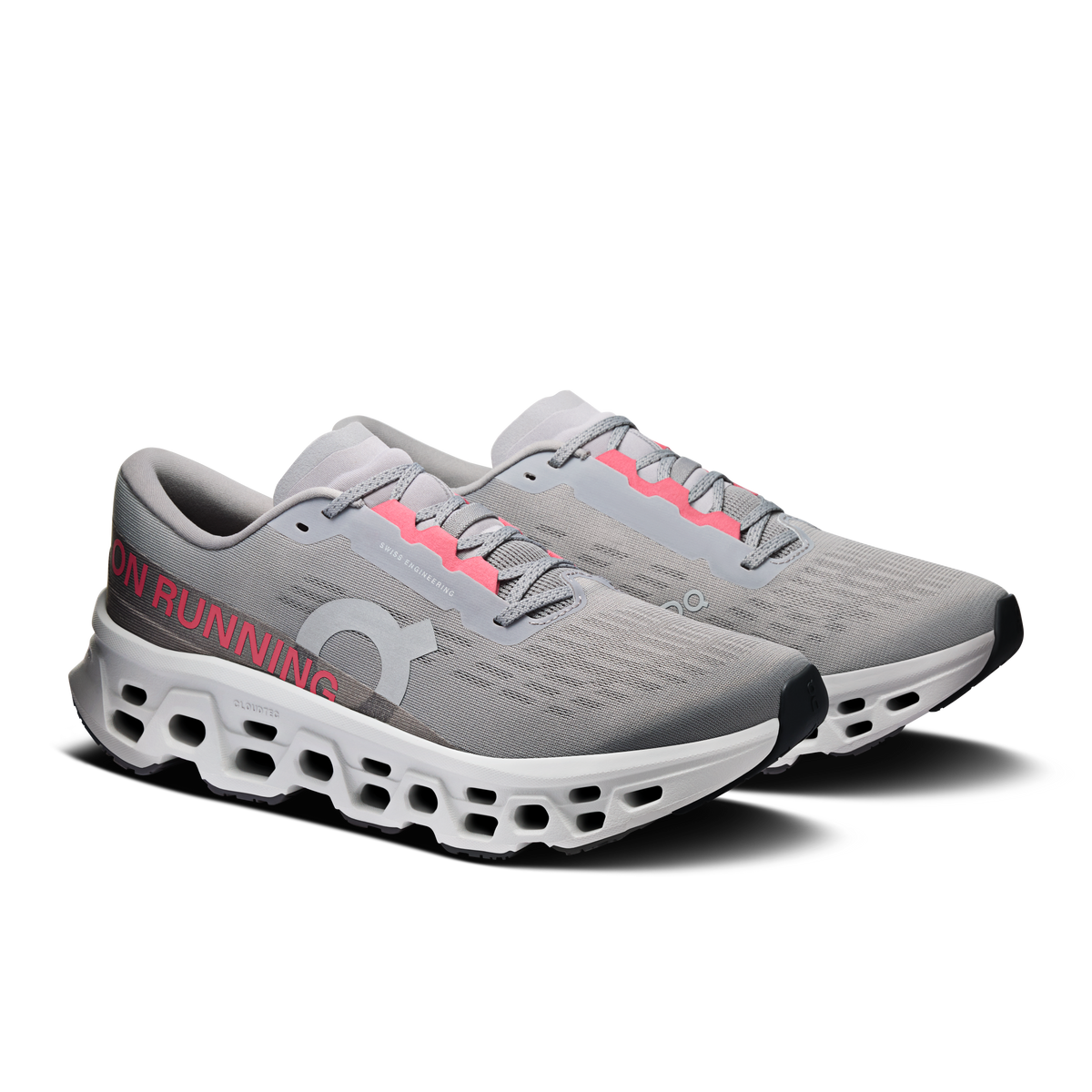 Men's On Cloudmonster 3 running shoes, light gray knit with pink laces and white cushioning sole