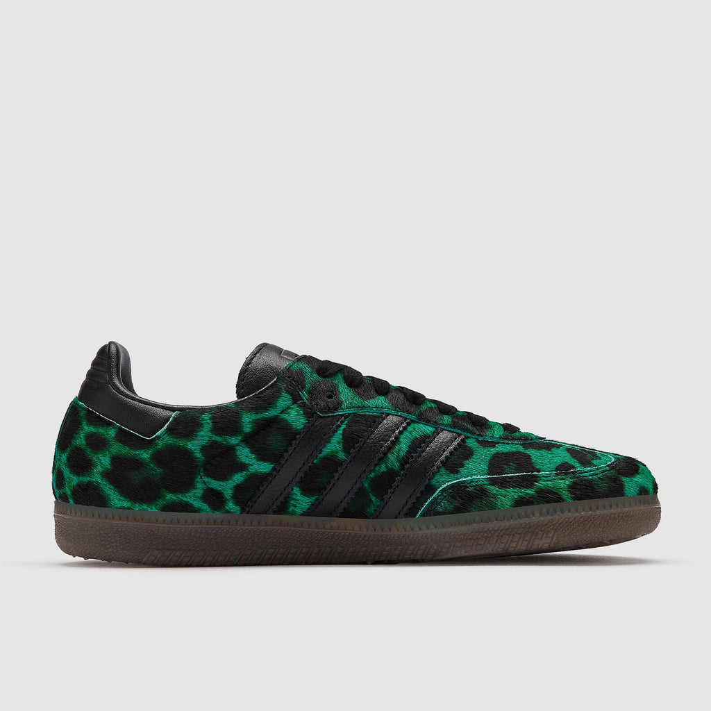 Adidas Samba OG women's sneakers with green leopard pattern, black heel and side stripes
