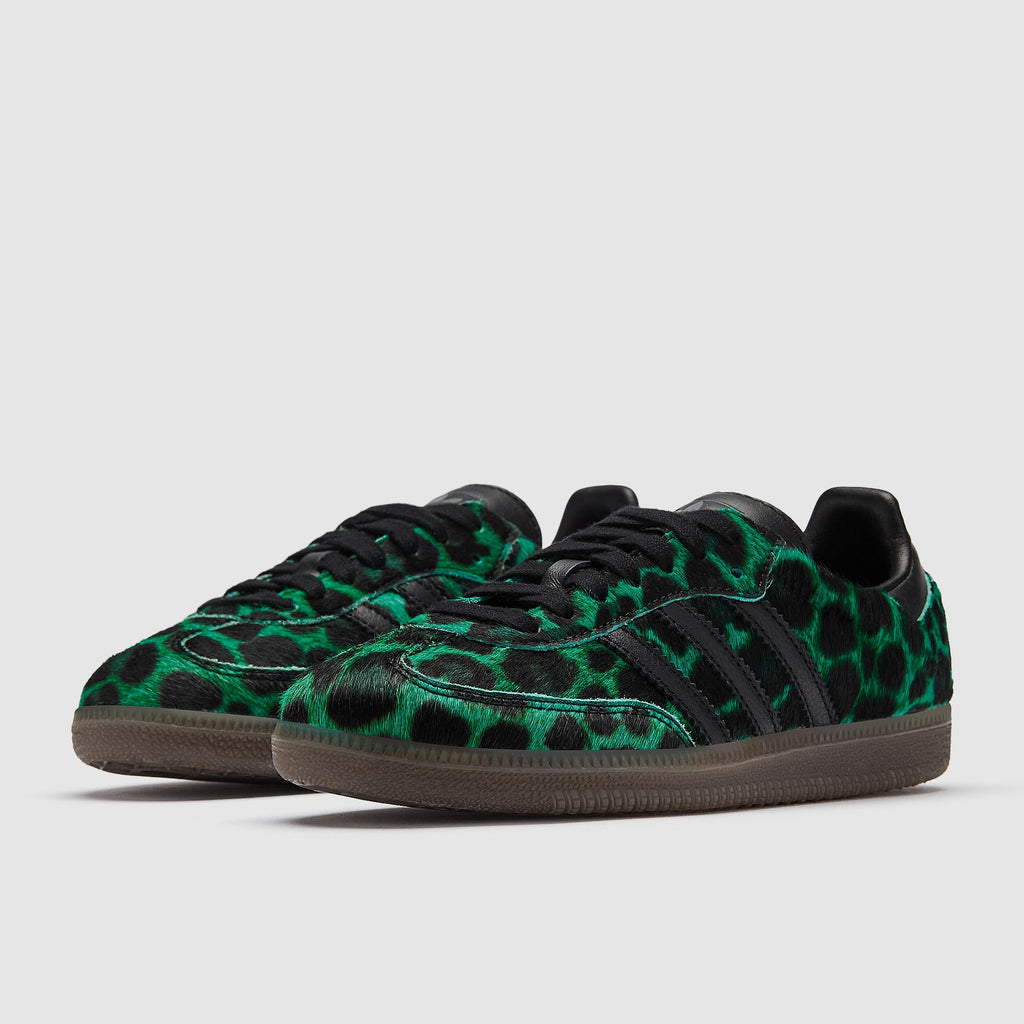 Adidas Samba OG women's shoes with green leopard print and black three-stripe accents