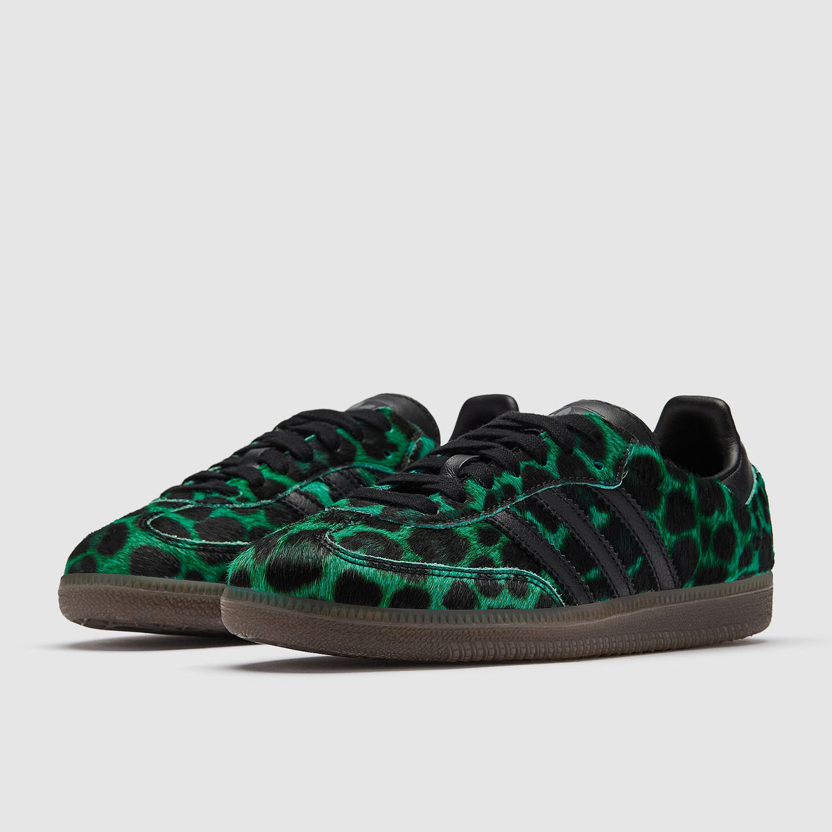 Adidas Samba OG women's shoes with green leopard print and black three-stripe accents