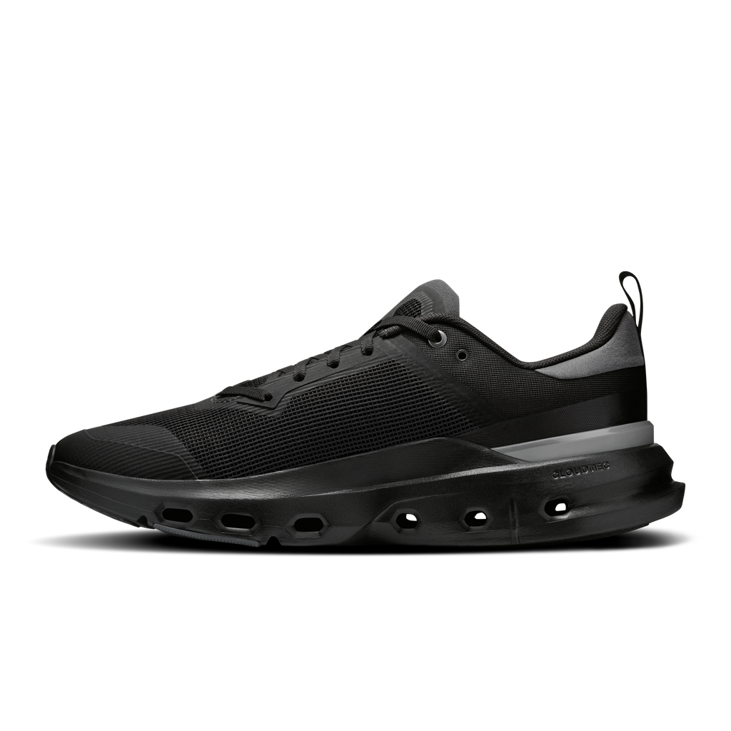 Men's black mesh running shoes, side profile with cloud-foam outsole cutouts