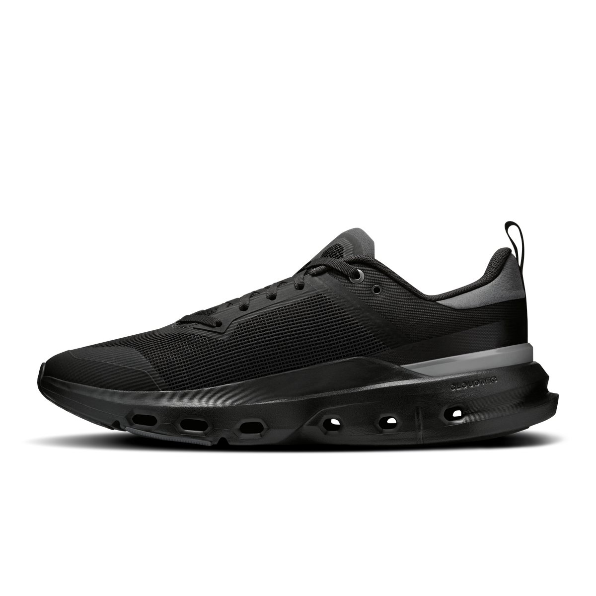 Men's black mesh running shoes, side profile with cloud-foam outsole cutouts