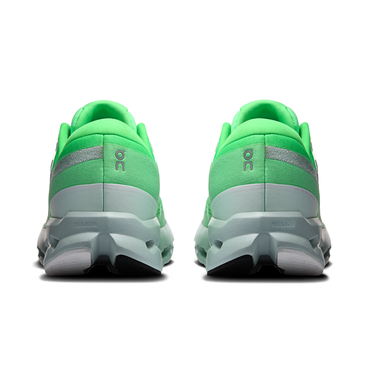 Men's green running shoes, heel view with pull tab and CloudTec midsole cushioning
