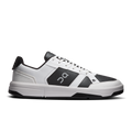 Men's white and black low-top leather sneakers with lace-up closure and logo accents