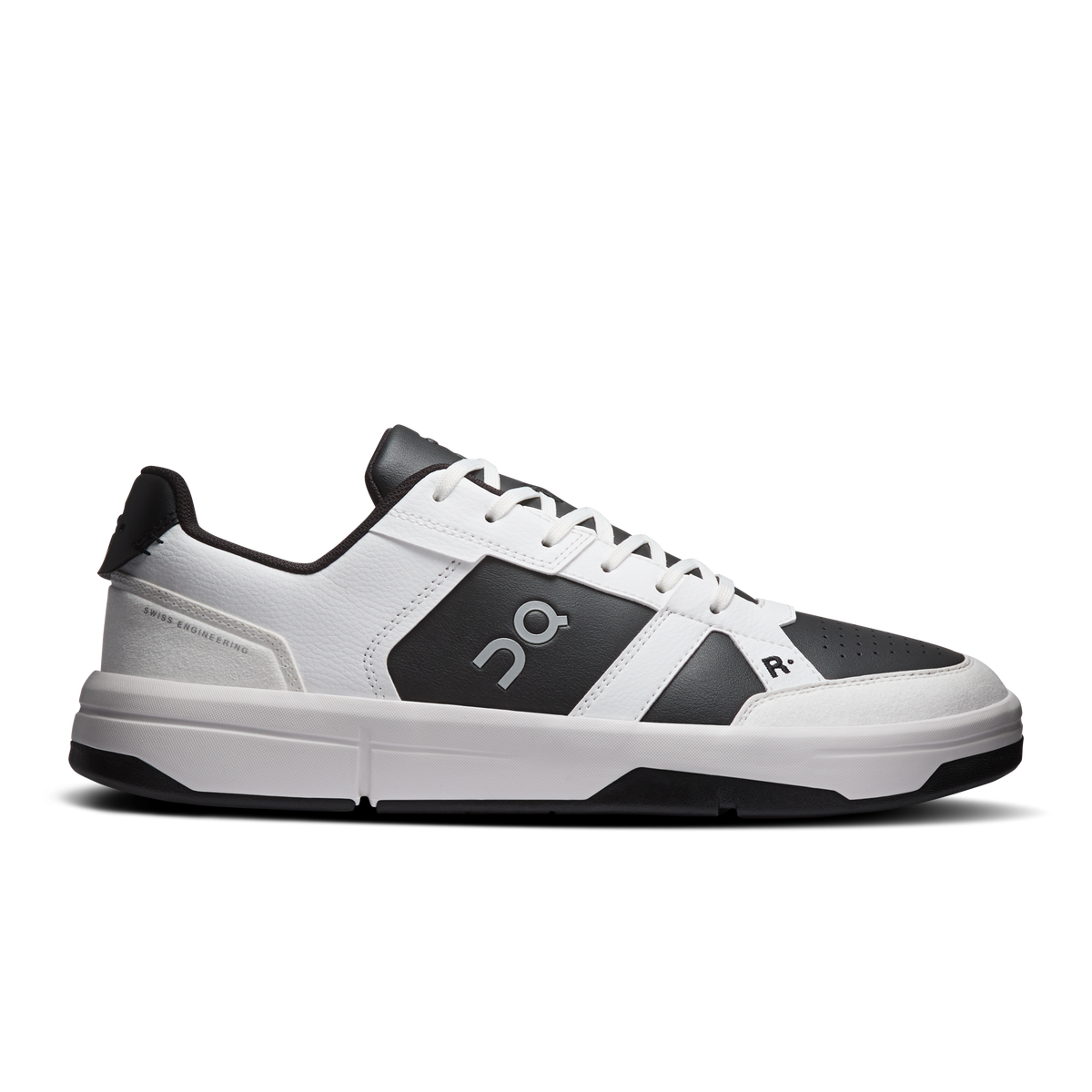 Men's white and black low-top leather sneakers with lace-up closure and logo accents