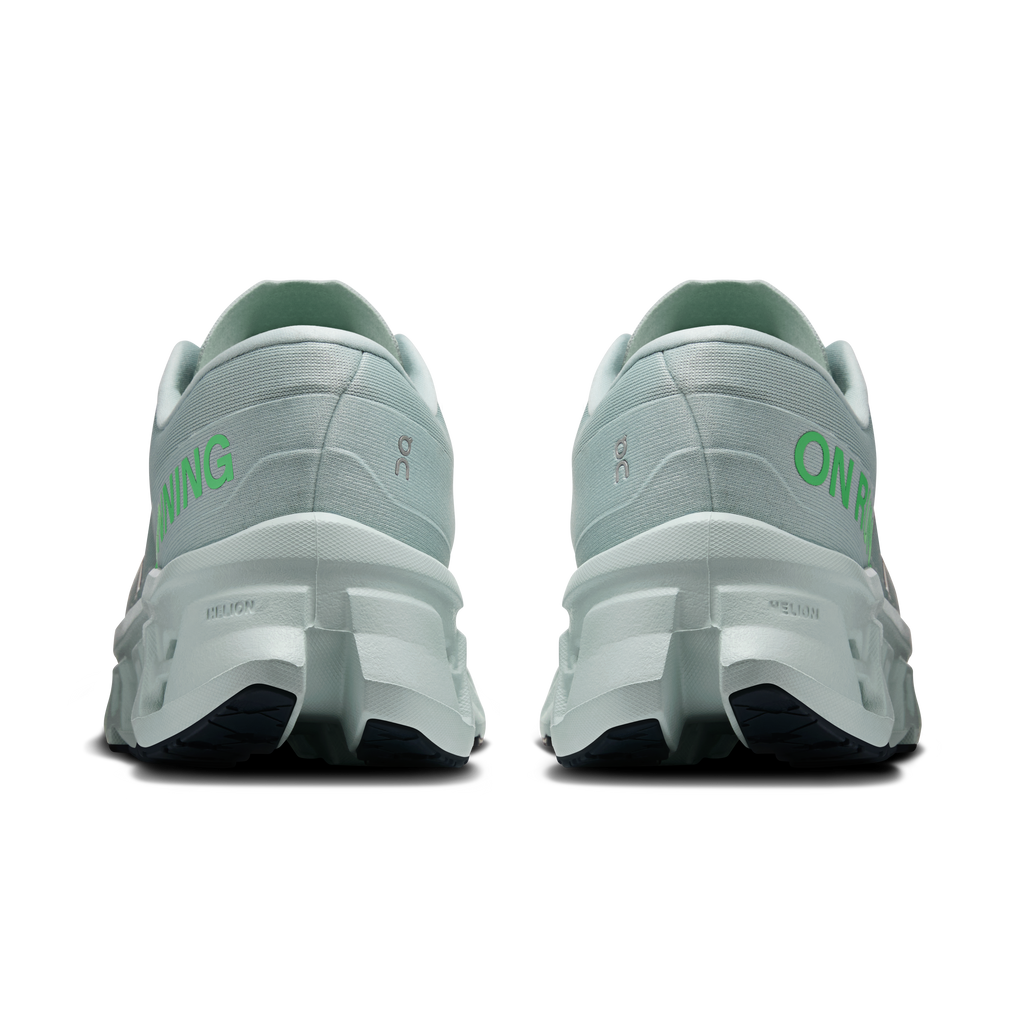 Men's running shoes heel view, light blue-green with padded collar and CloudTec pods