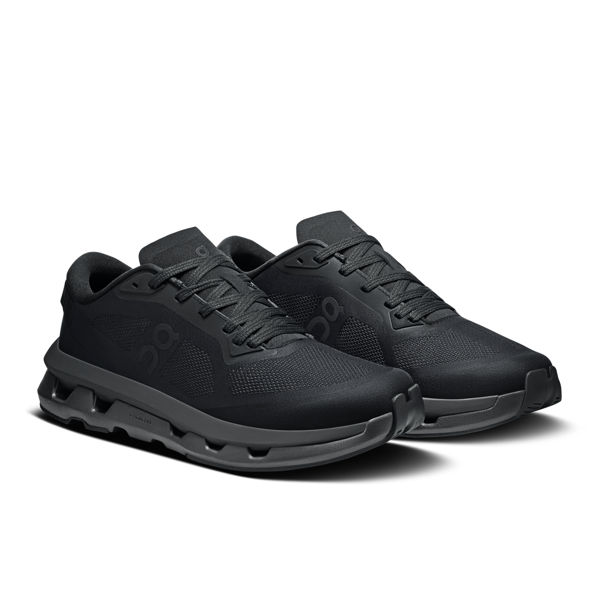 On women's Cloudzone running shoes in black, lace-up mesh upper with padded collar