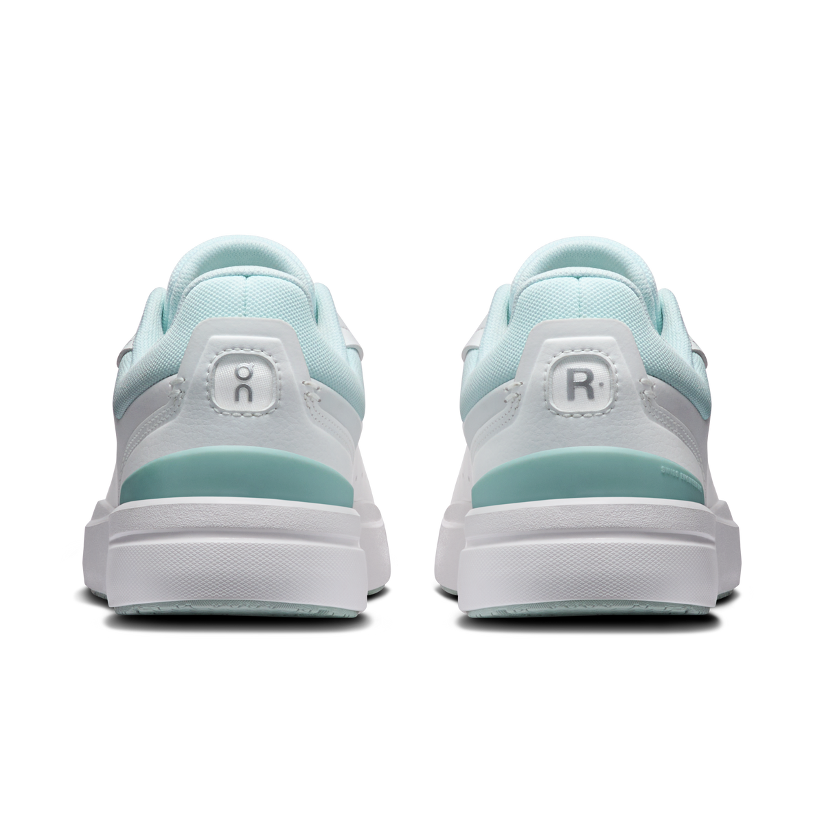 Women's back view white and light blue sneakers with heel tabs